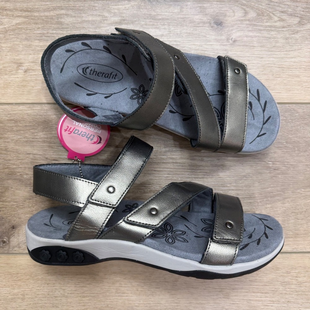 Therafit‎ Haley Metallic Leather Strappy Comfort Sandals Womens 8.5-9 Orthotic